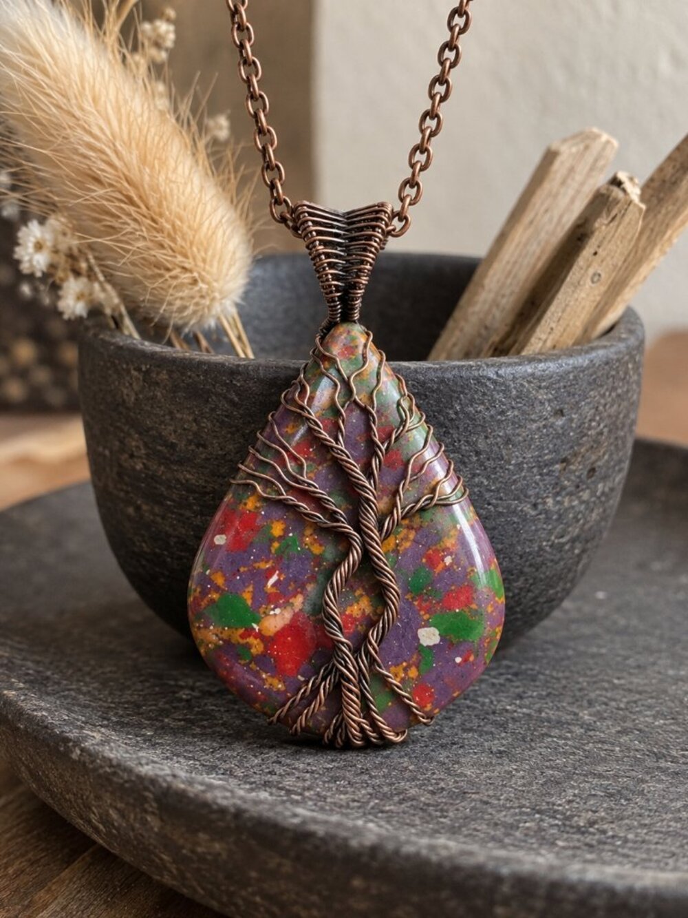 Copper Wire Tree of Life Necklace Mosaic Jasper Teardrop Pendant Bohemian 21"